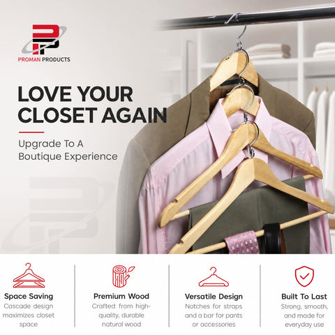 Proman Products lifestyle closet setup showing stacked hangers organizing outfits