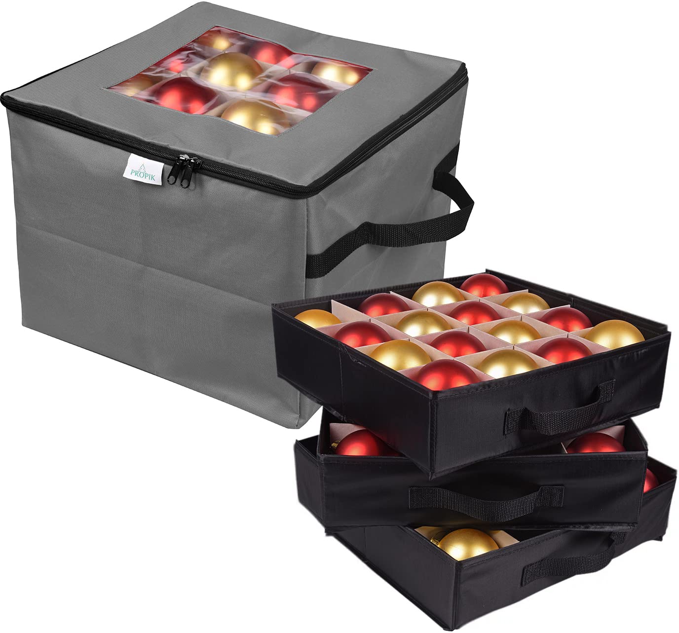 ProPik front view of ornament storage box showing durable exterior and lid benefit