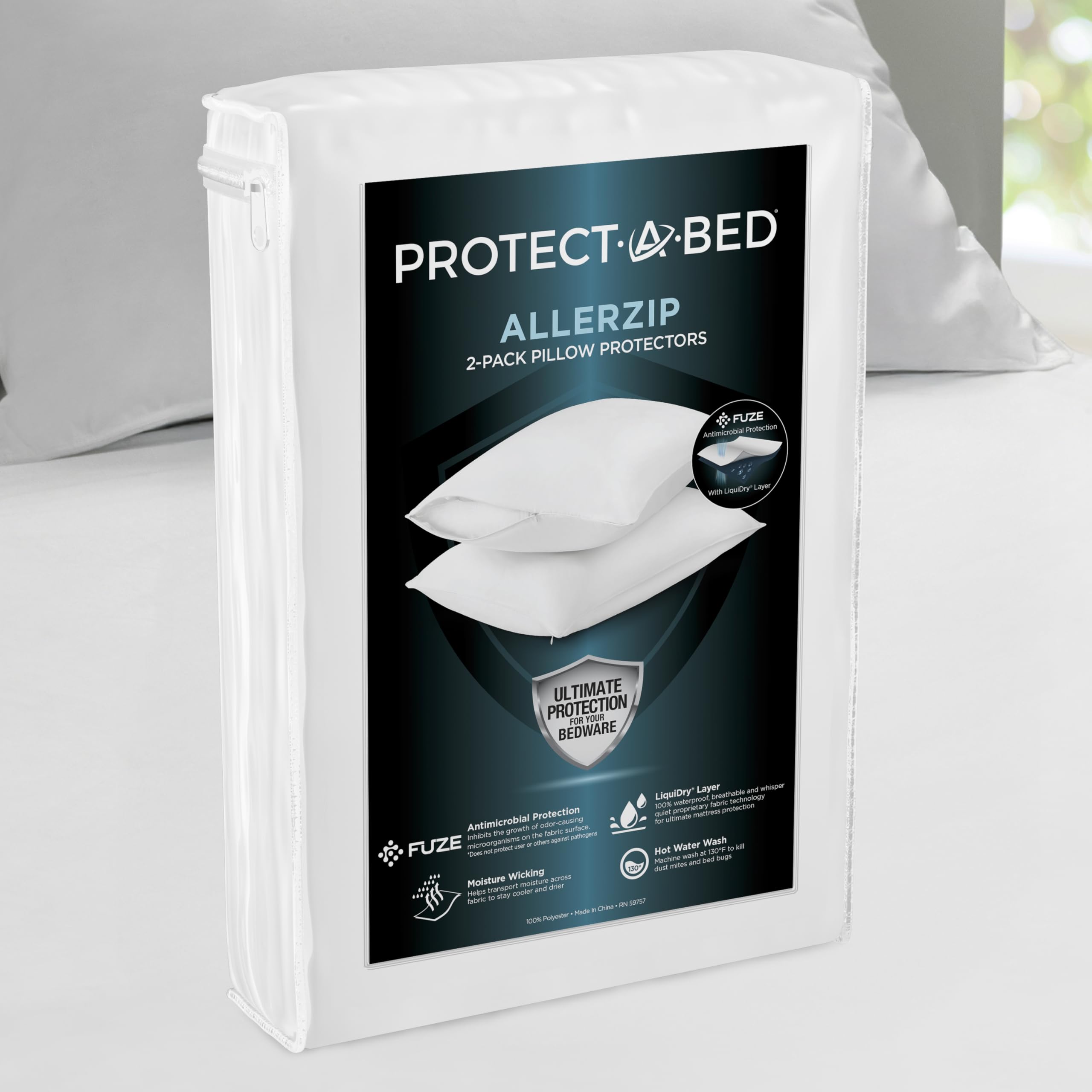 Protect-A-Bed front packaging showing standard 2-pack and benefits