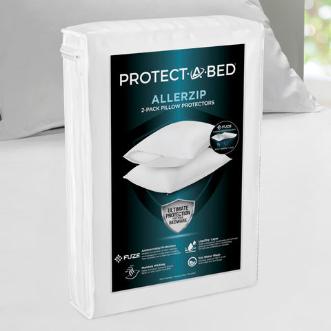 Protect-A-Bed front packaging showing standard 2-pack and benefits