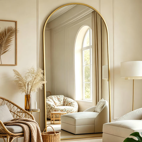 Prywot arched mirror front view showing full-length reflection and elegant style