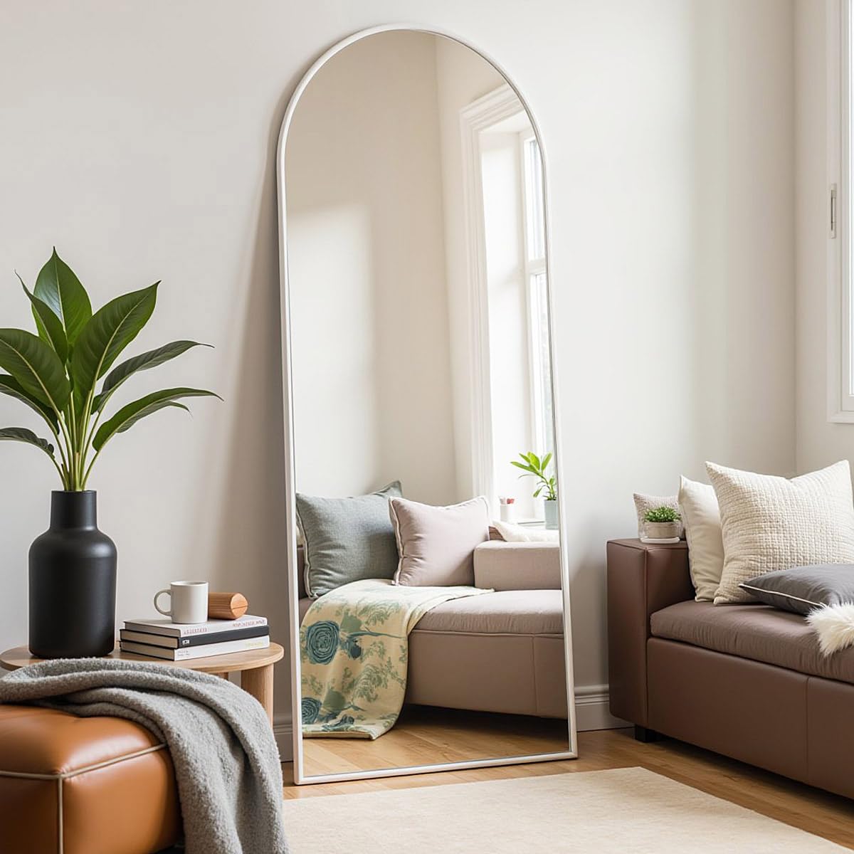 Prywot mirror in bedroom brightening space and reflecting light