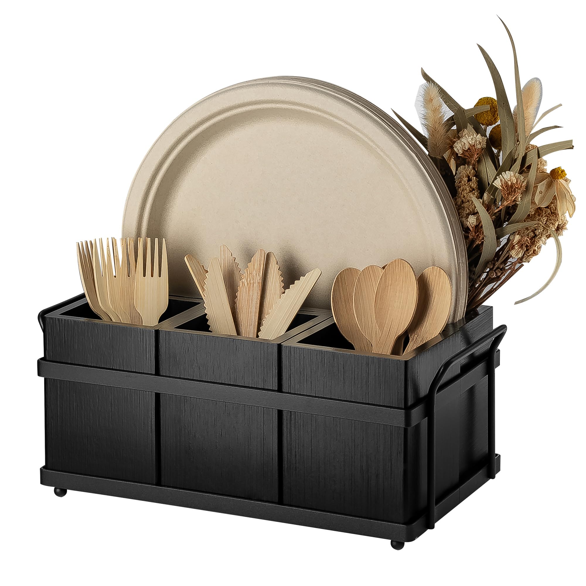 PTSTING front view black wood caddy organizes utensils neatly