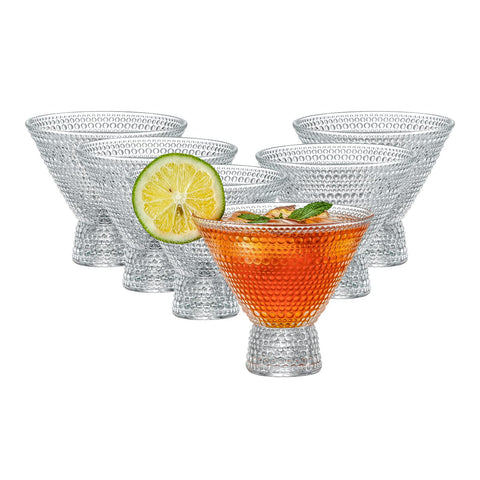 PTSTING front view of six glasses showing vintage embossed design and gift-ready look