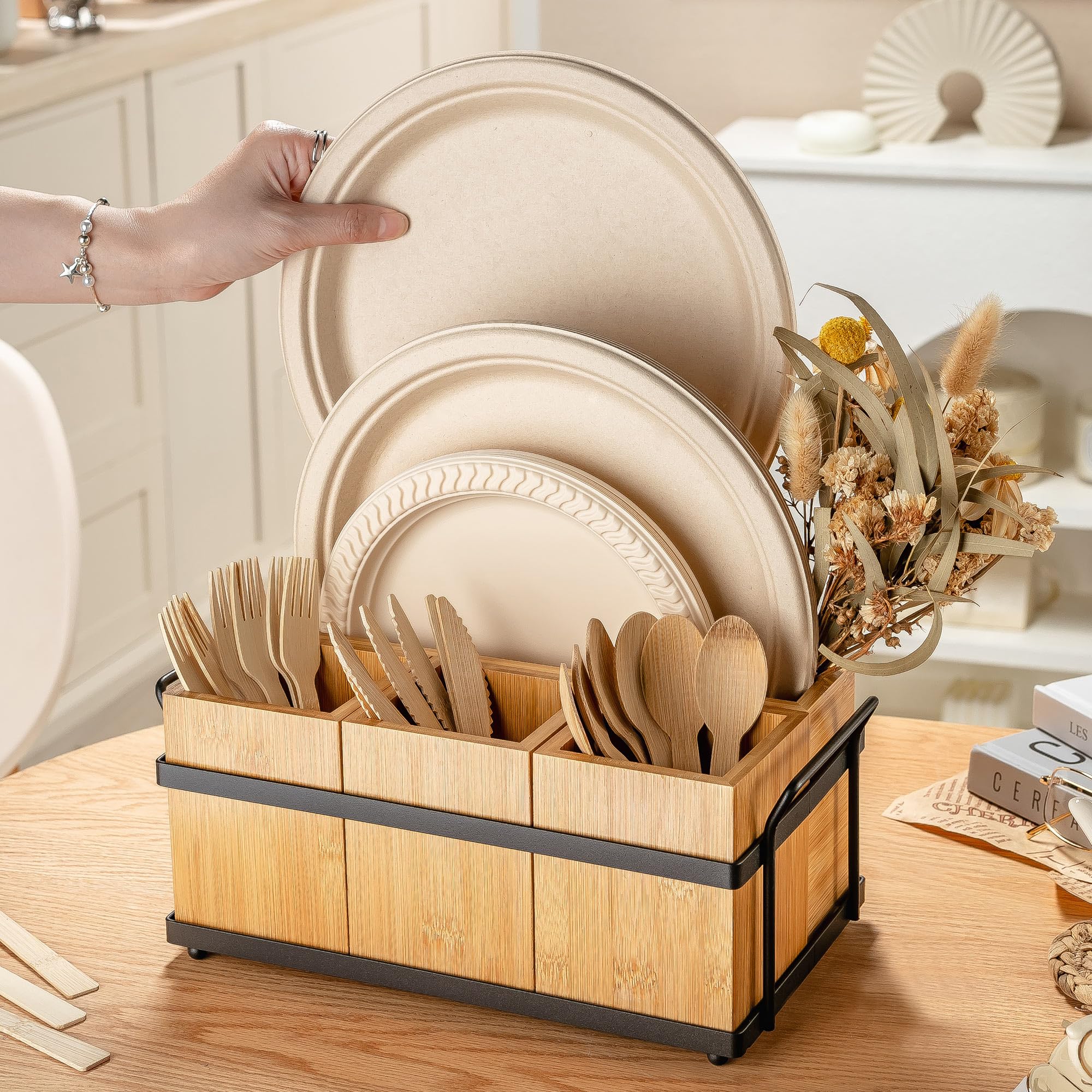 PTSTING holding 8-inch paper plates and napkins for quick party setup and convenience