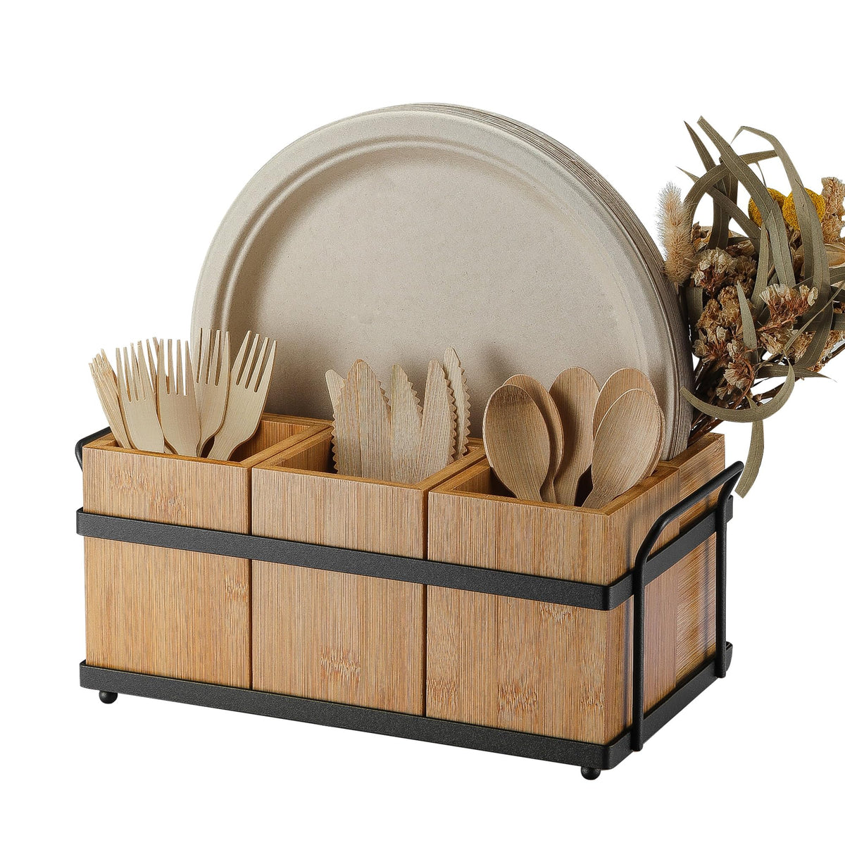 PTSTING front view showing four compartments and rustic wood finish for organized serving