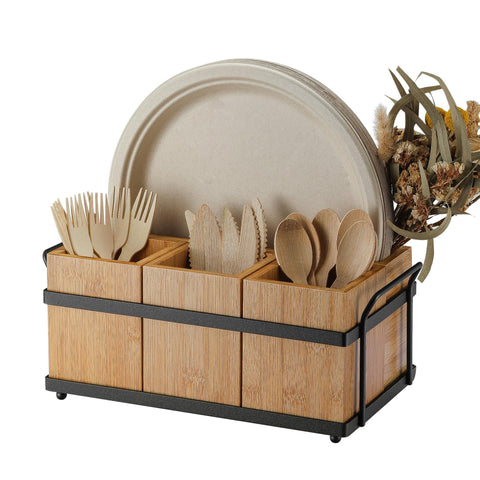 PTSTING front view showing four compartments and rustic wood finish for organized serving