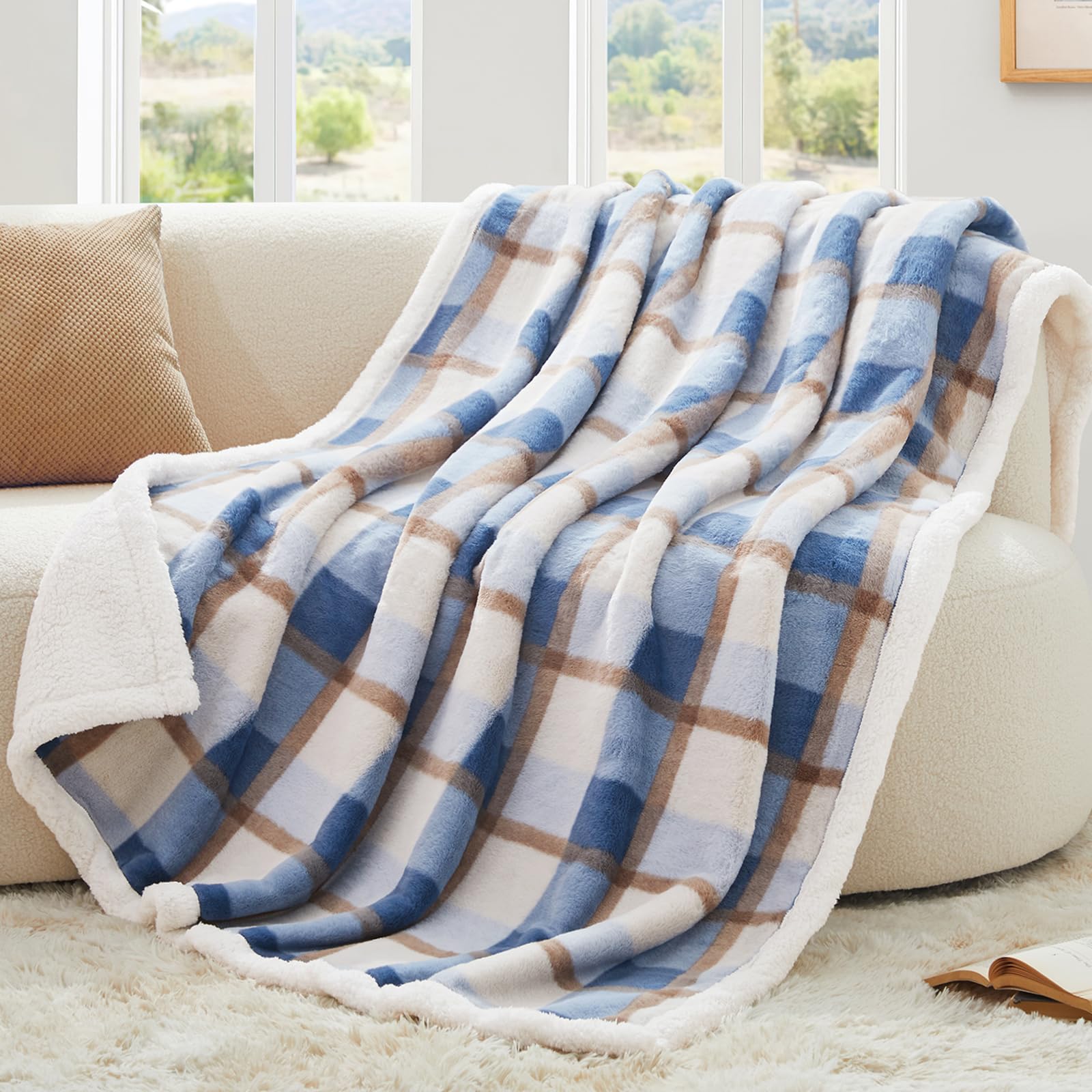 PU MEI blue-plaid front view showing plush texture and decorative appeal