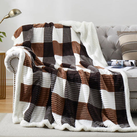 PU MEI front folded blanket showing plaid design and cozy look