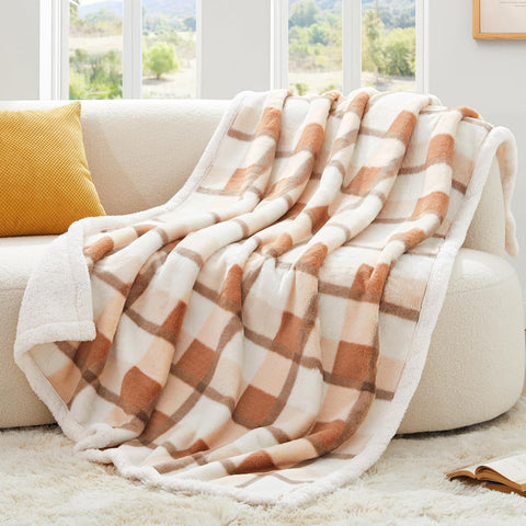 PU MEI front view of beige plaid throw showcasing cozy decor appeal