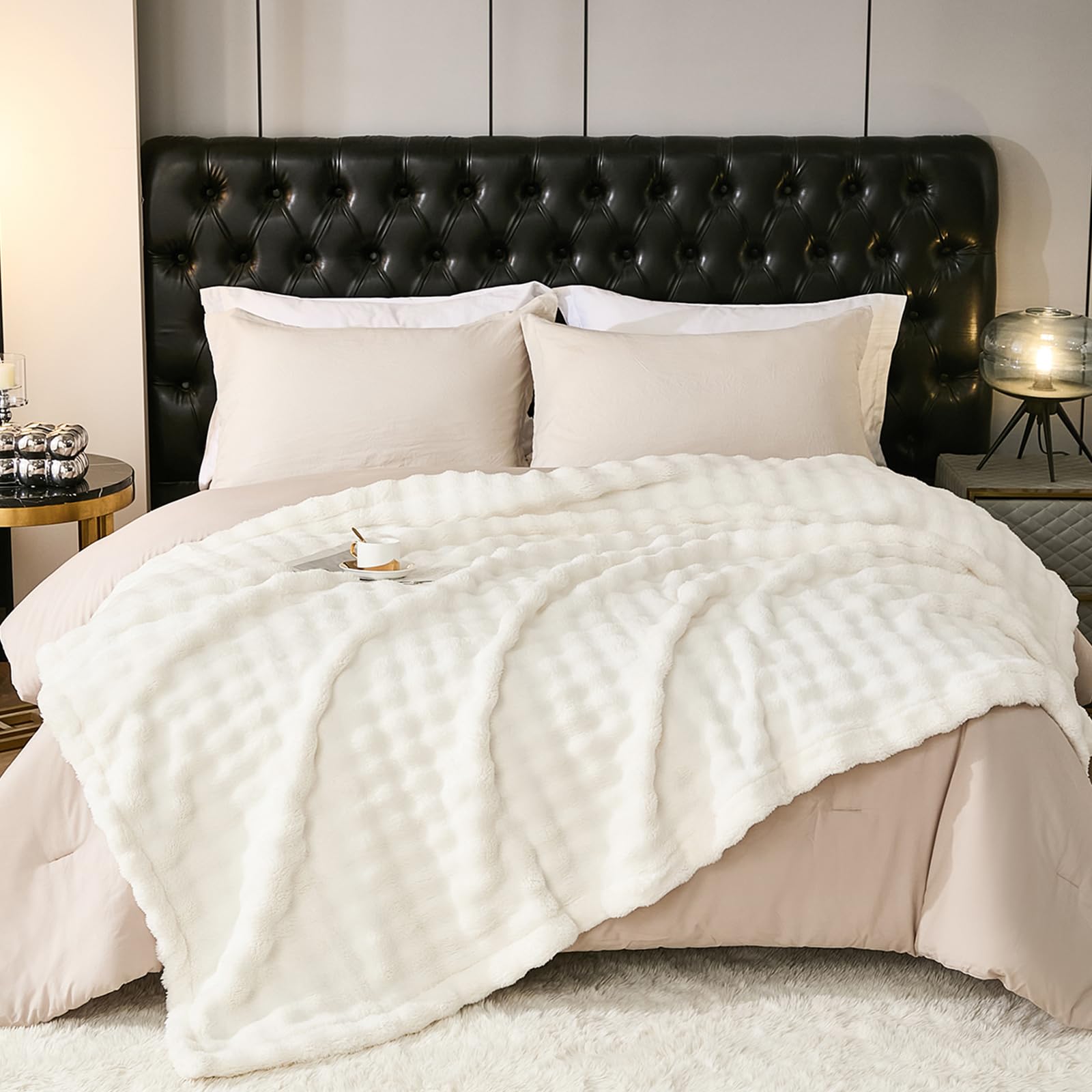 PU MEI front view of white plush blanket showing full design and cozy appeal