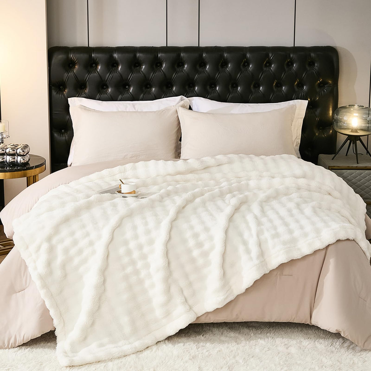 PU MEI front view of white plush blanket showing full design and cozy appeal