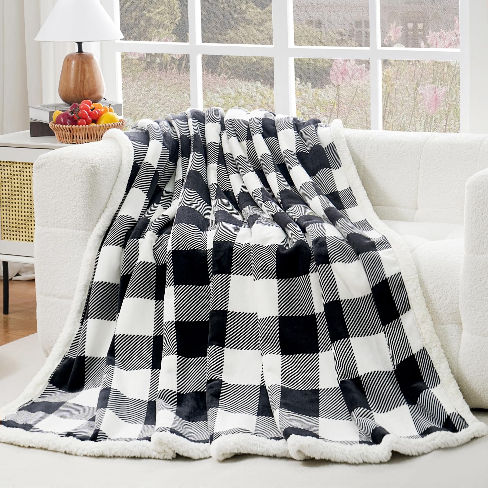PU MEI front view of throw showing checkered flannel and neat edges for elegant decor