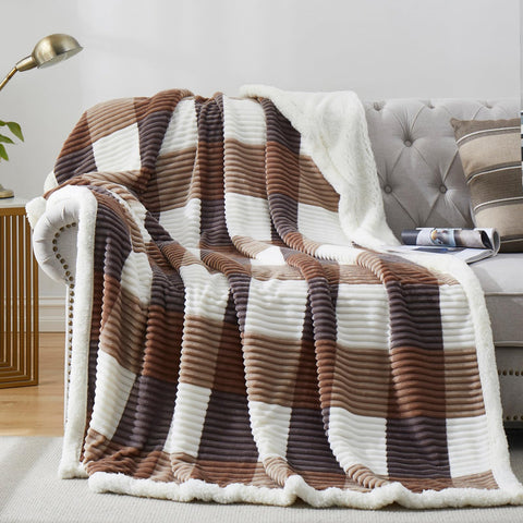 PU MEI twin plaid front view showing beige check and soft flannel for cozy decor