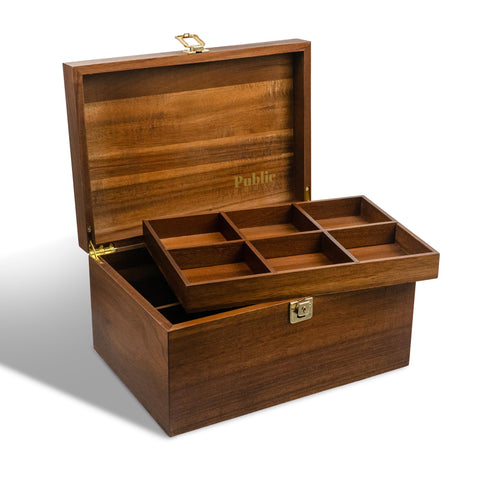 Public House front view of the locking wooden keepsake box showing elegant silhouette and storage benefit
