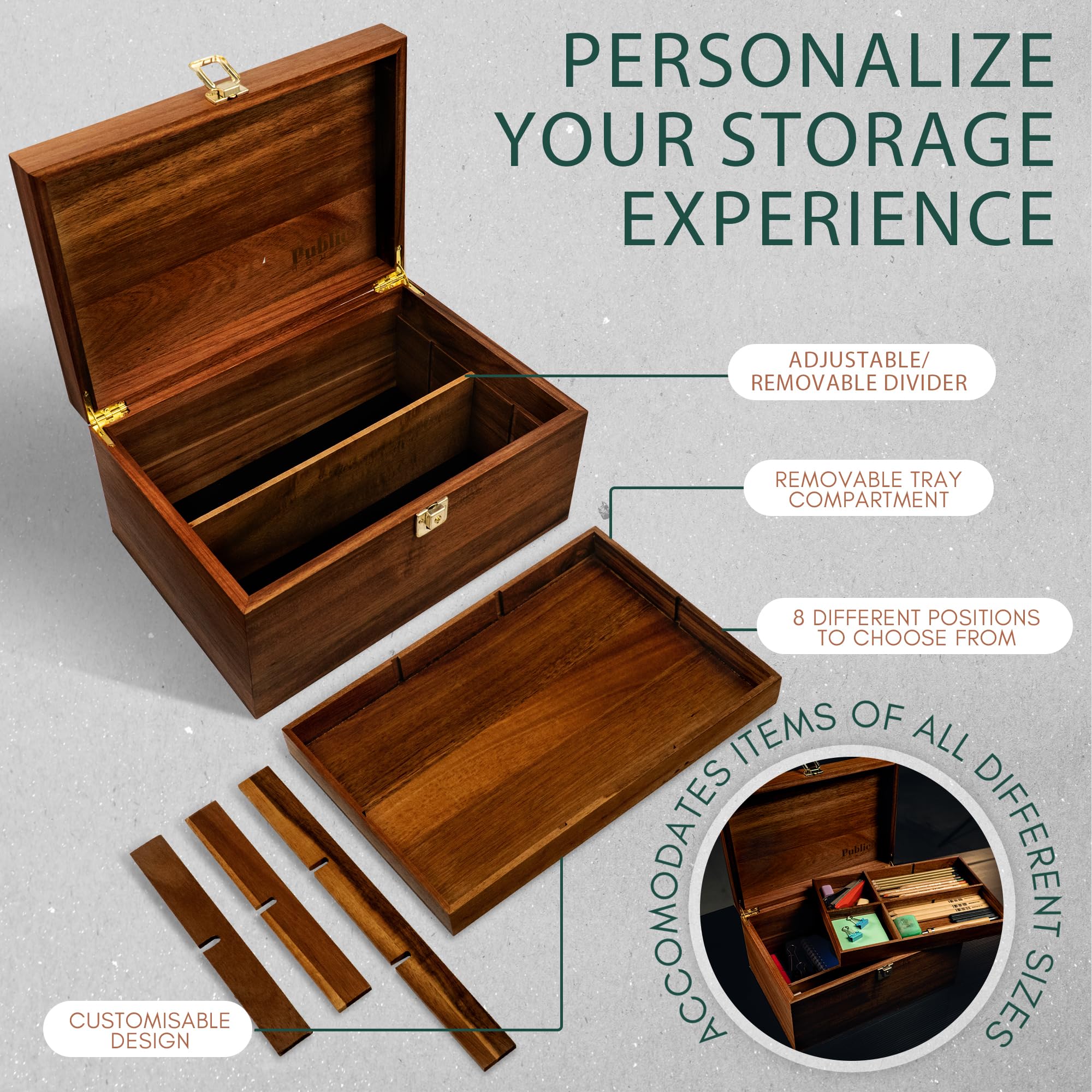 Public House open box showing removable top tray and adjustable divider for flexible organization