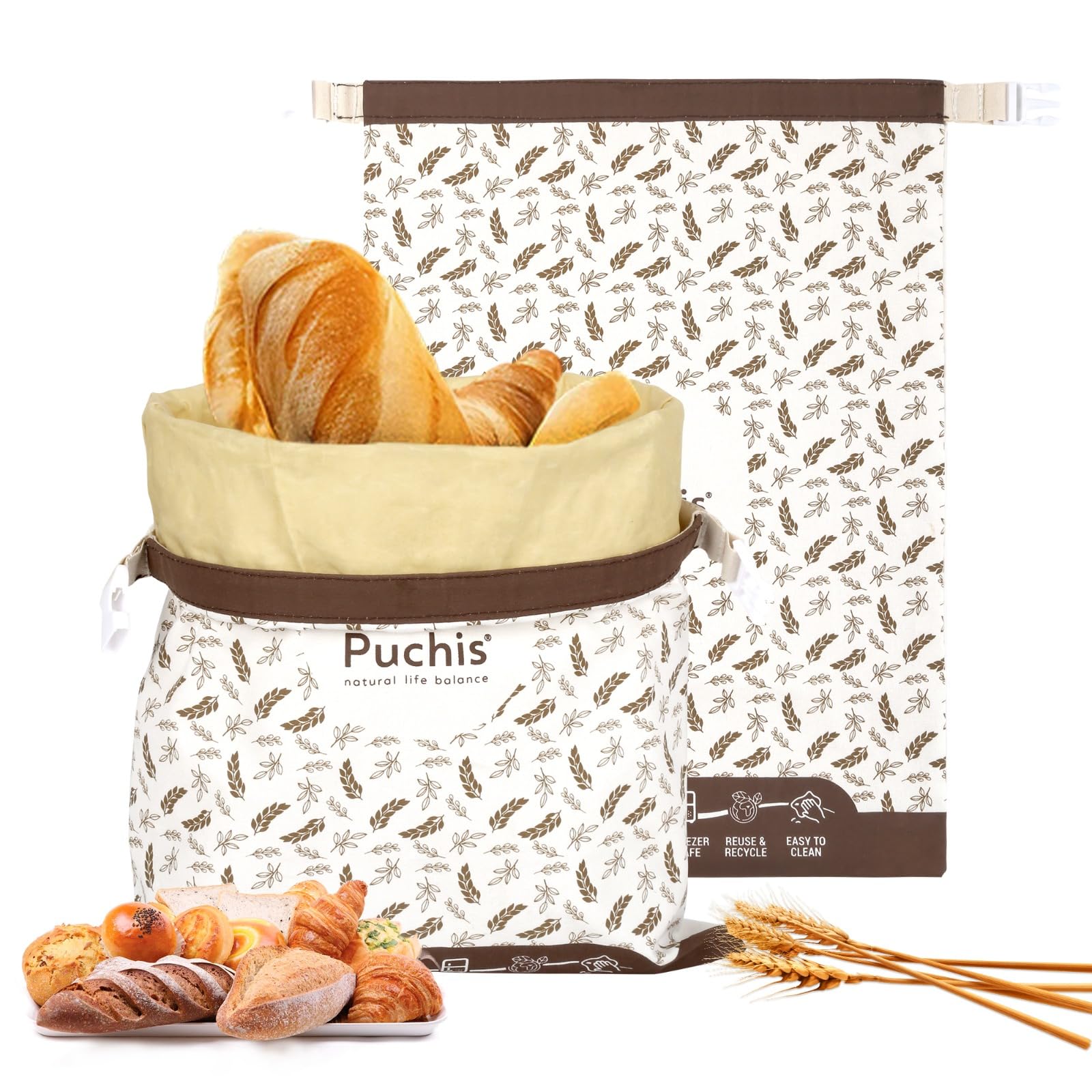 puchis front packaging showing two XL beeswax bread bags and eco benefit