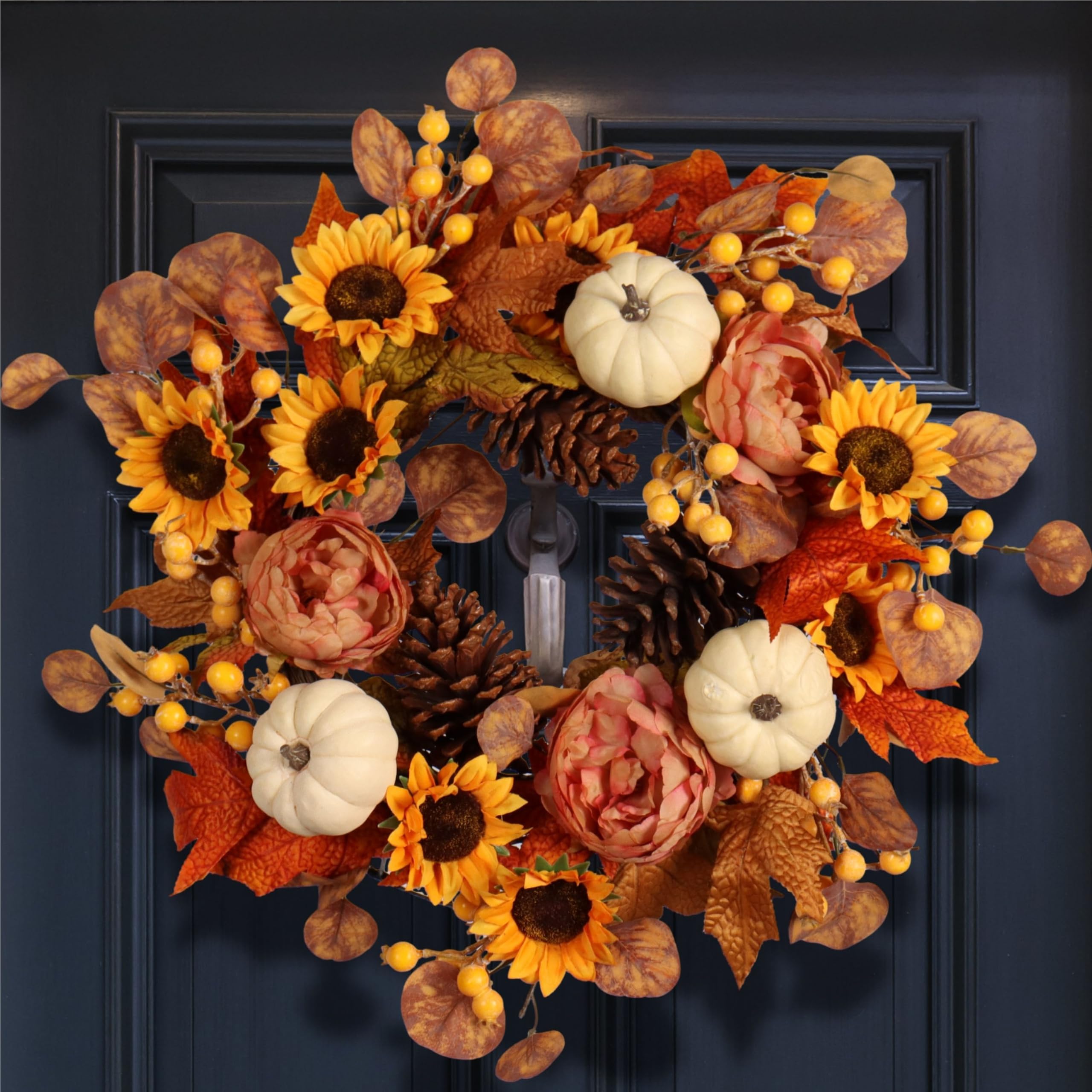Pudate front door wreath showing sunflowers and pumpkins enhances curb appeal