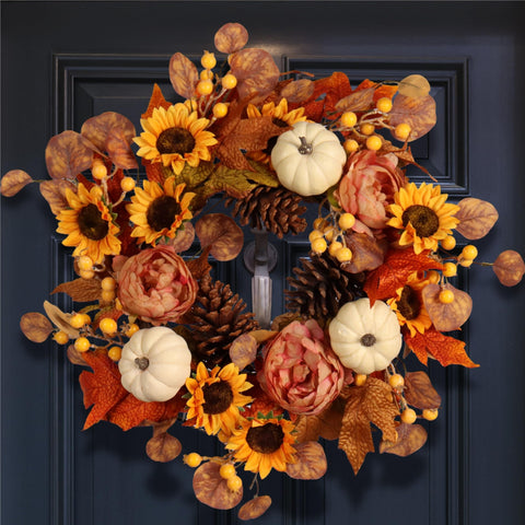 Pudate front door wreath showing sunflowers and pumpkins enhances curb appeal