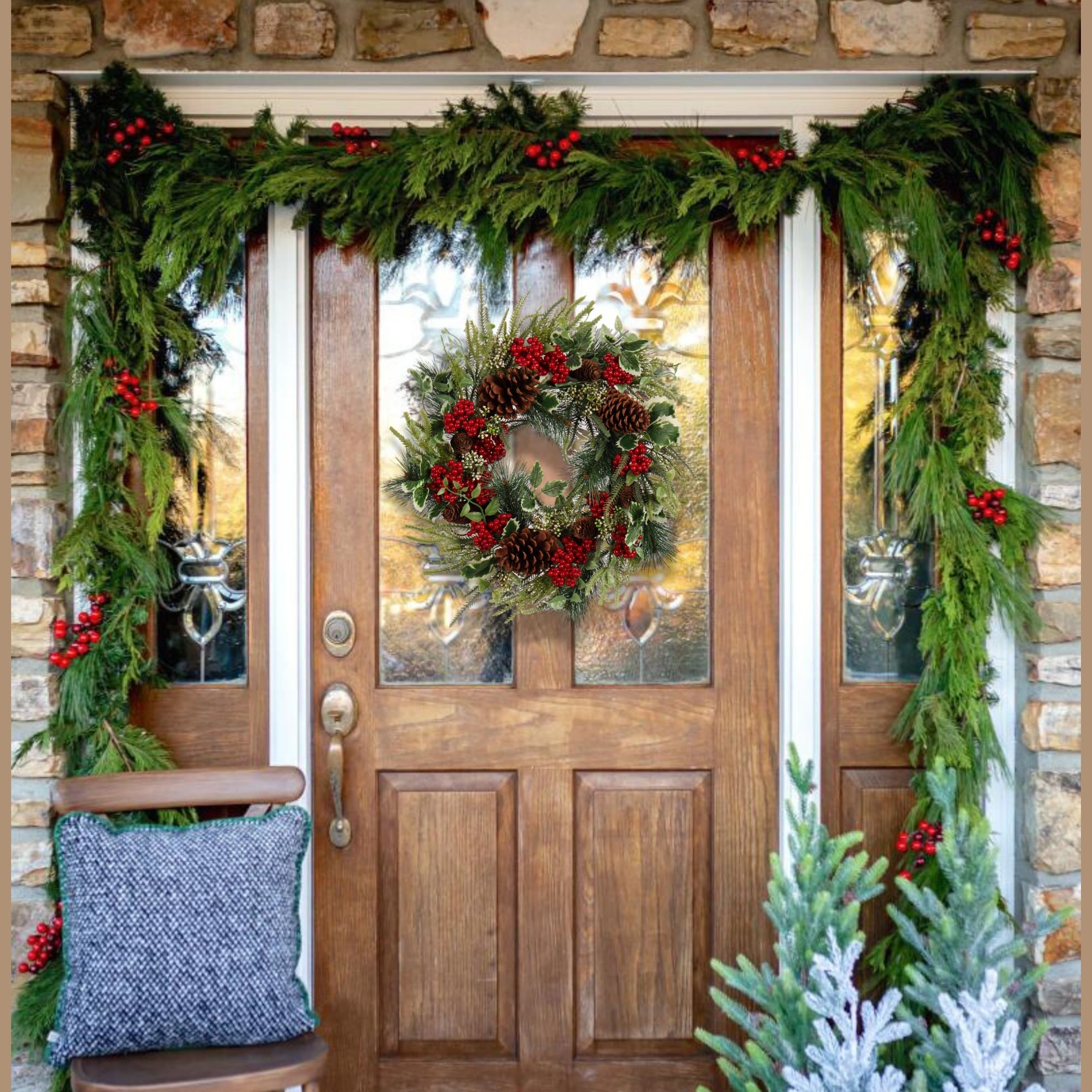 Pudate wreath hung on mantel adding instant holiday charm
