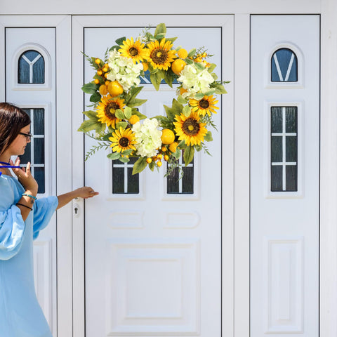 Pudate wreath beside door knocker shows 22-inch scale and fit