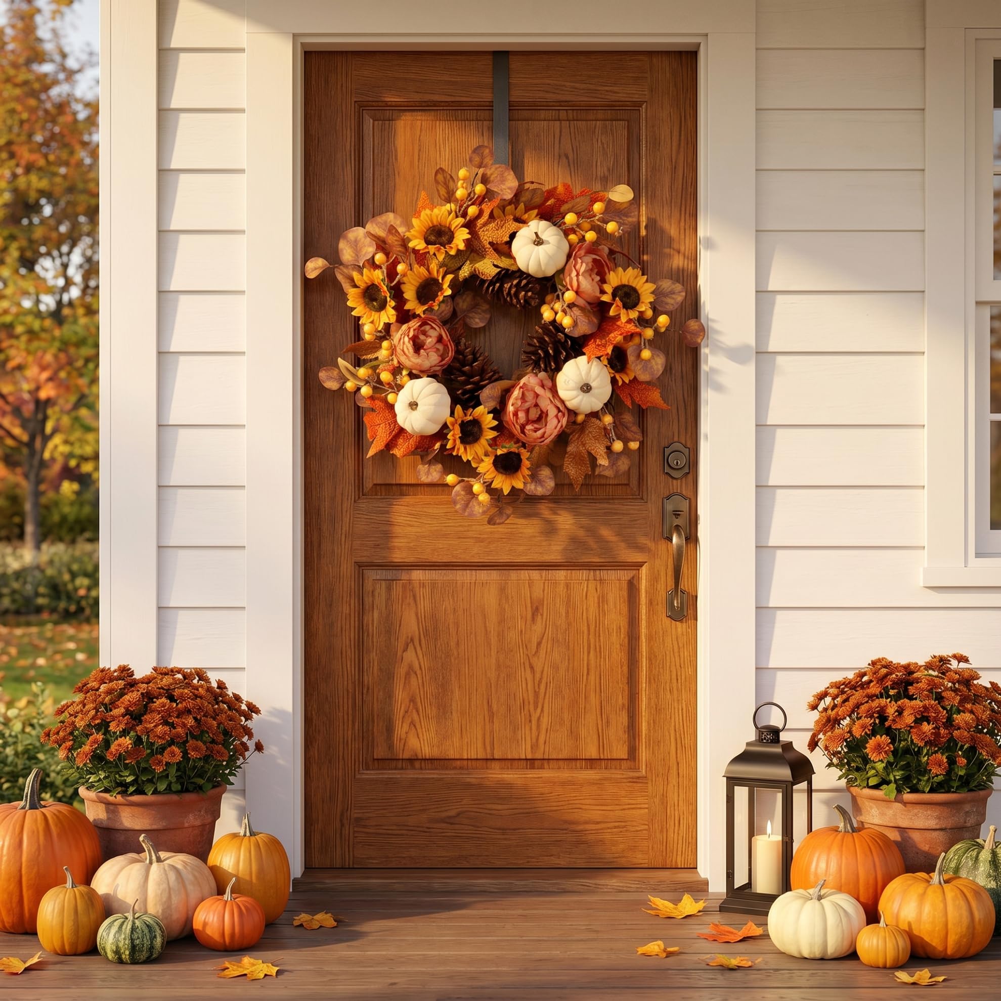 Pudate wreath on front door showing 22-inch scale for proper sizing