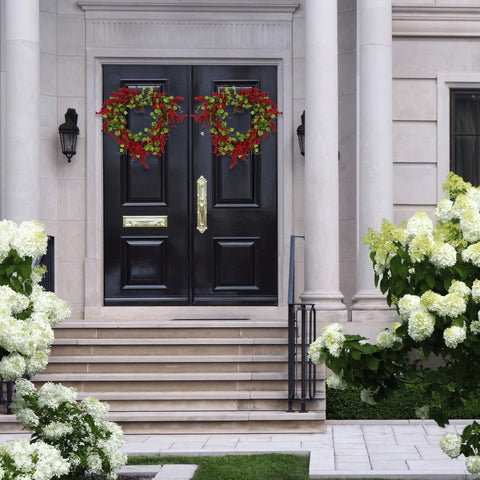 Pudate wreath hung on a wooden door showcasing welcoming entry decor