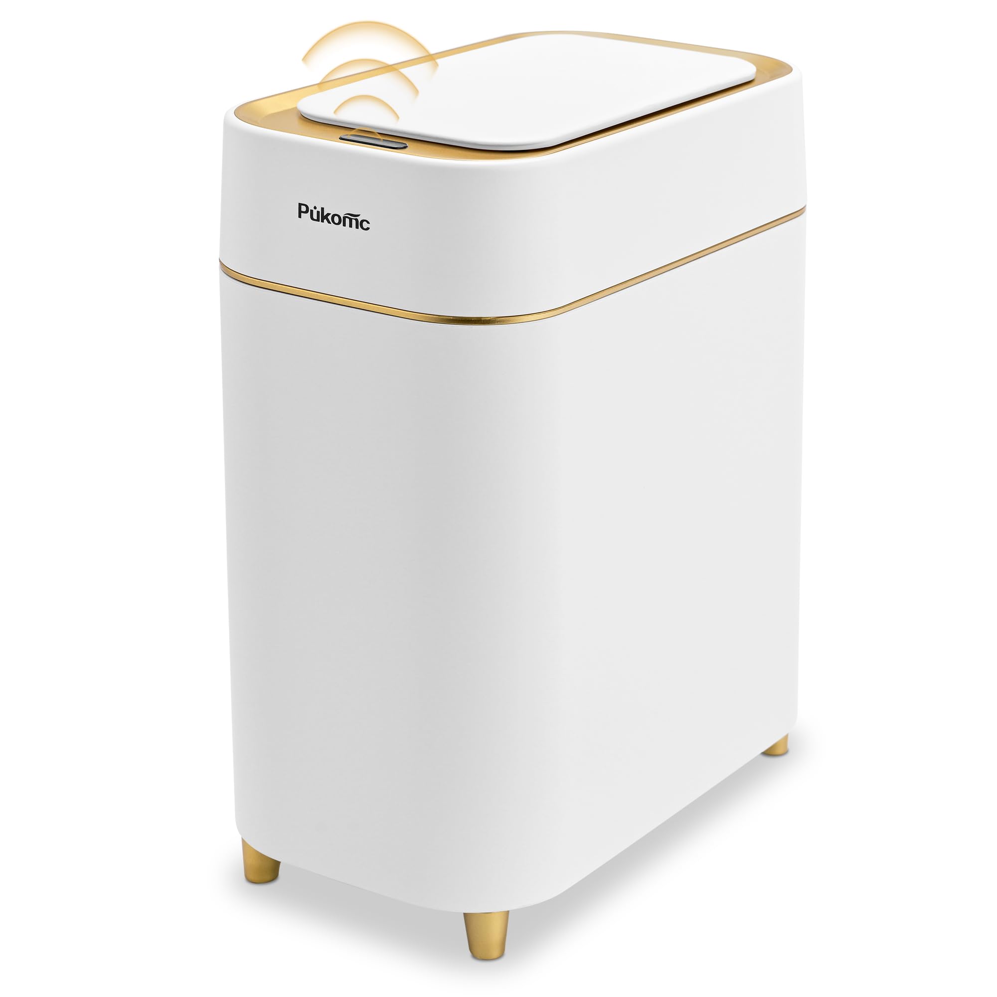Pukomc front view of automatic trash can showing compact design and hands-free benefit