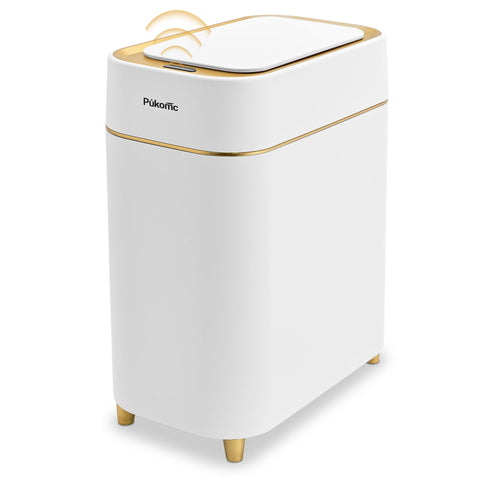 Pukomc front view of automatic trash can showing compact design and hands-free benefit