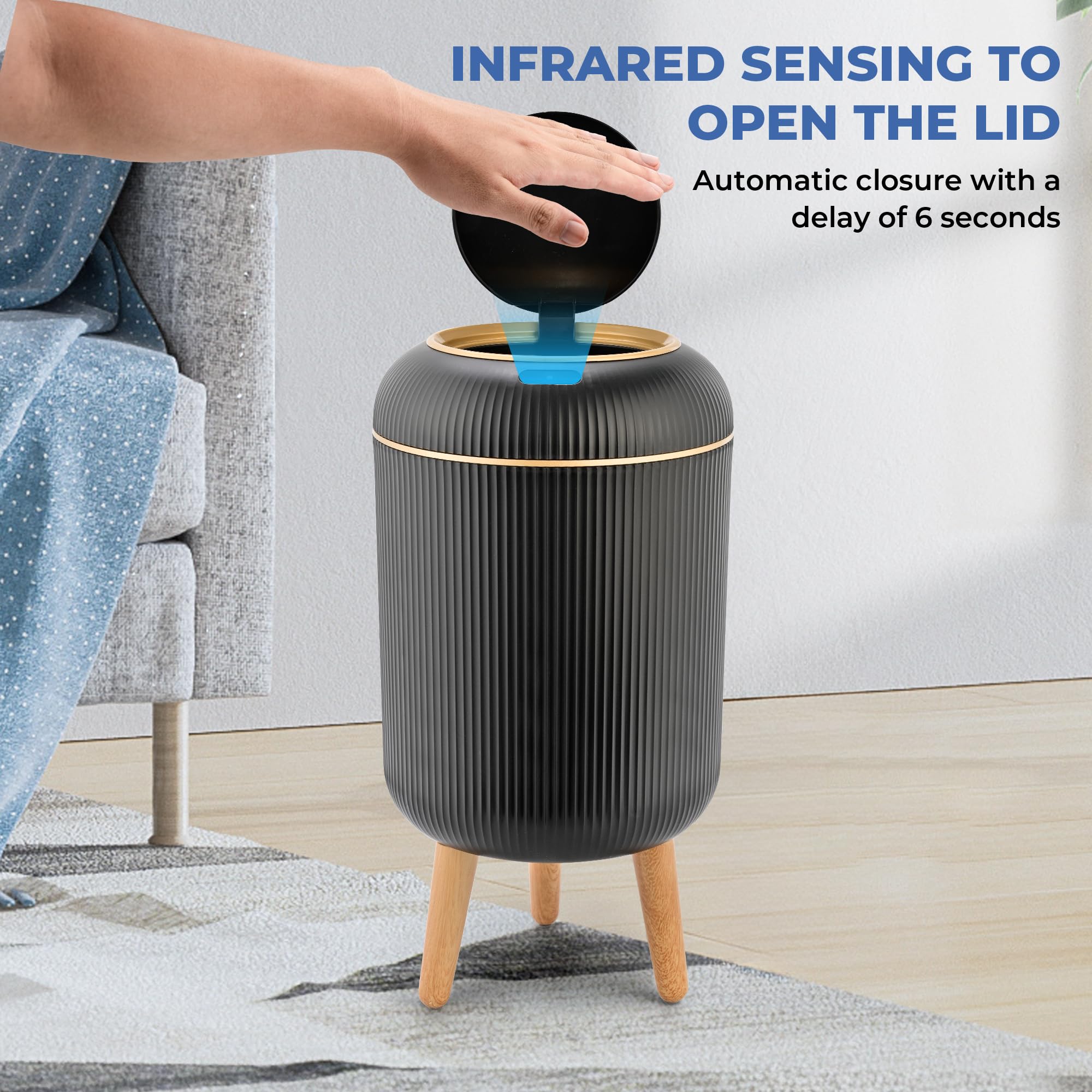 Pukomc lid open by motion sensor demonstrating hands-free convenience