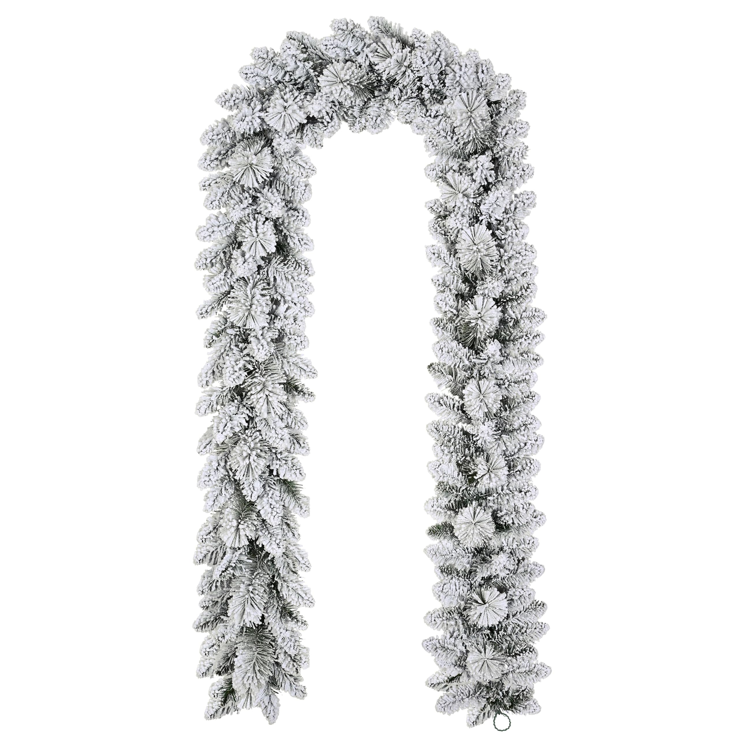 Puleo International front view of 9ft flocked spruce garland showing full snowy look and length