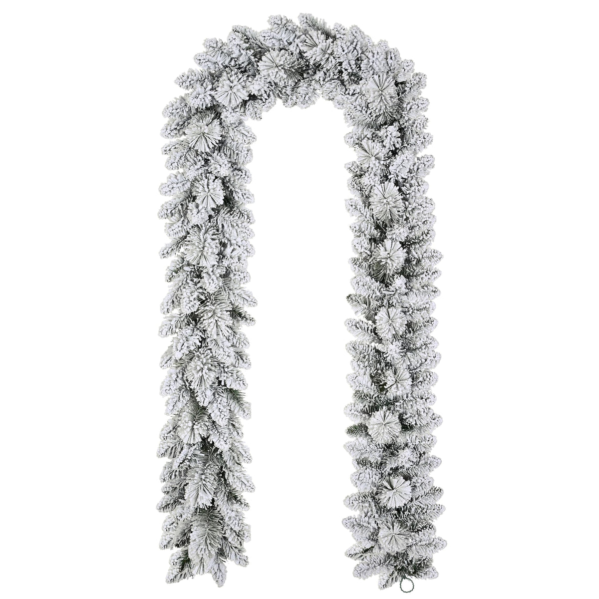 Puleo International front view of 9ft flocked spruce garland showing full snowy look and length