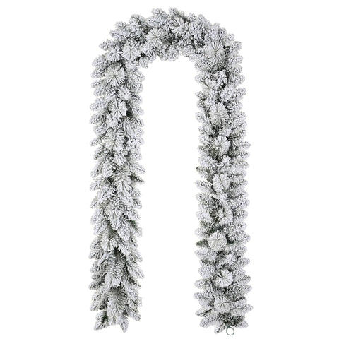 Puleo International front view of 9ft flocked spruce garland showing full snowy look and length