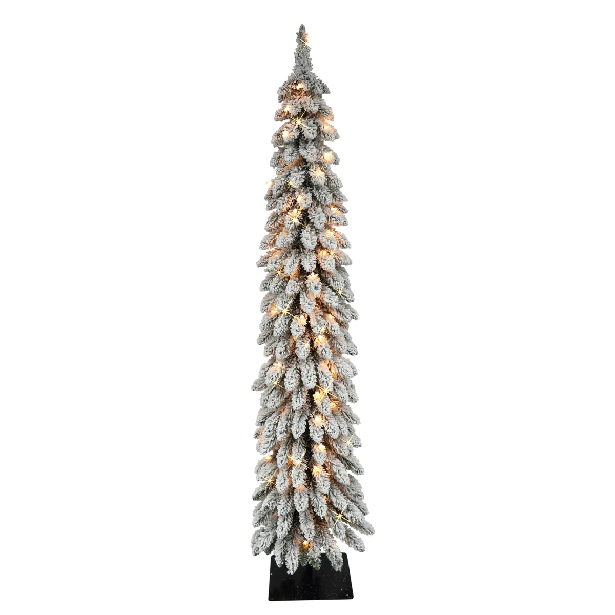 Puleo International front view of flocked pencil tree showing slim profile and festive benefit