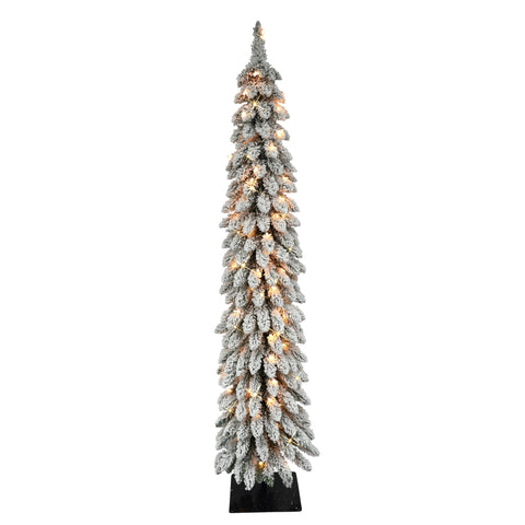 Puleo International front view of flocked pencil tree showing slim profile and festive benefit