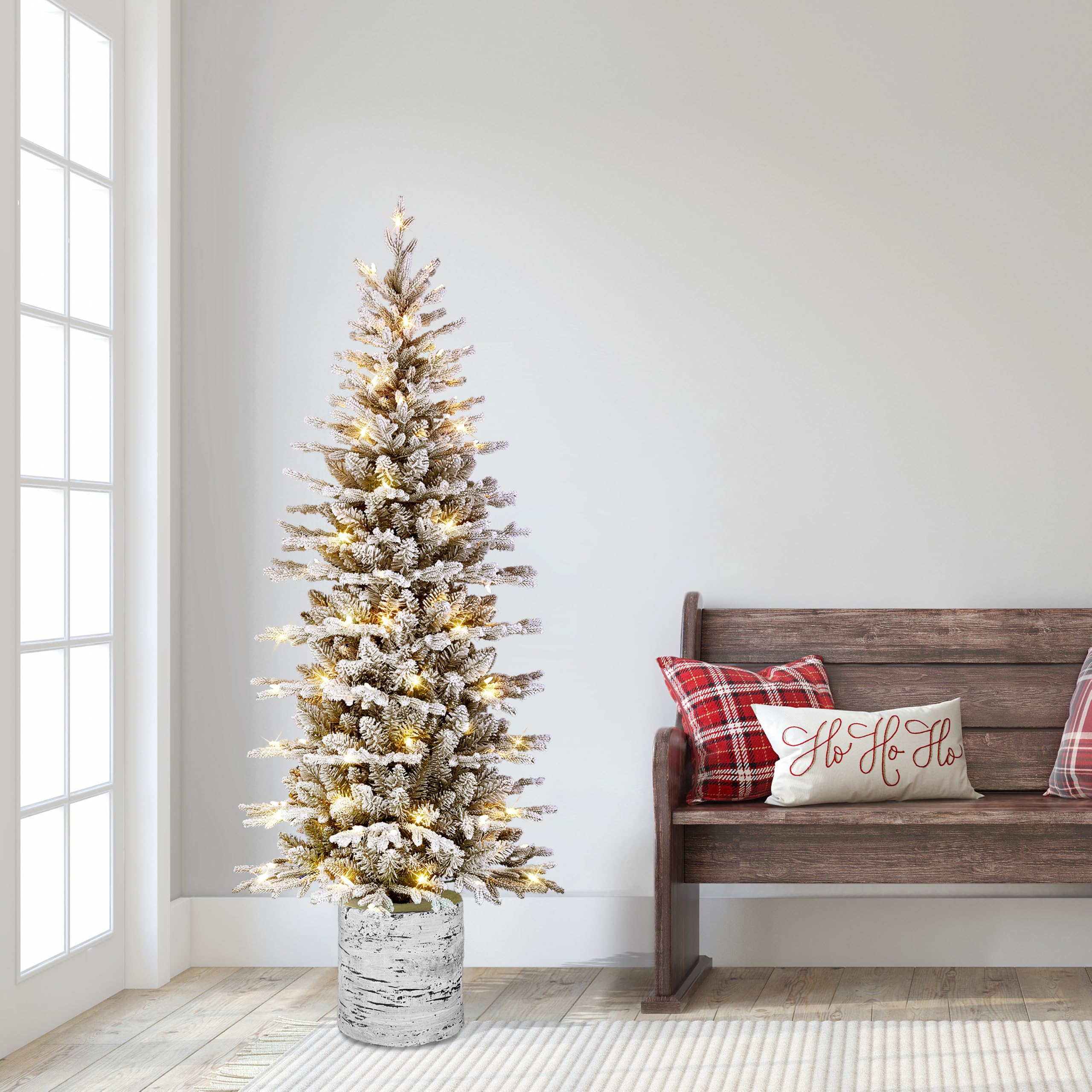 Puleo International tree next to sofa showing 6ft scale for small-space fit
