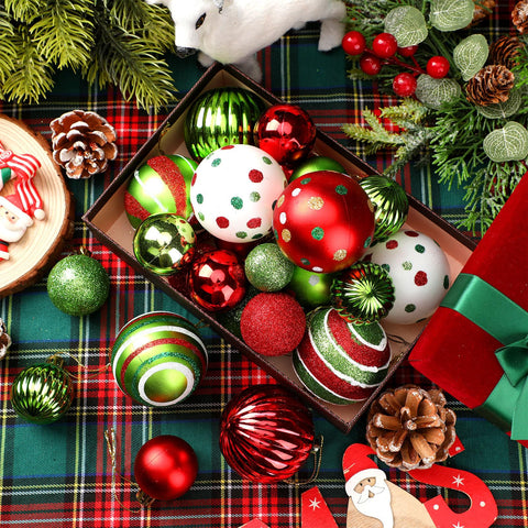 PullCrease ornaments hung on a living room tree adding cohesive festive color