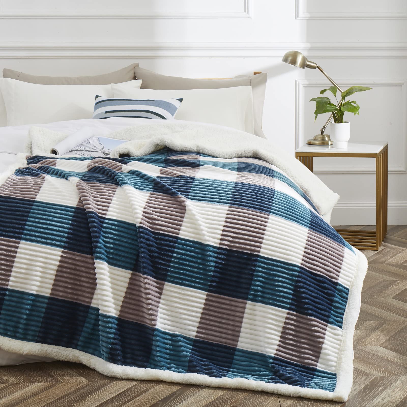 PU MEI close-up of teal check fabric detail, highlights soft texture