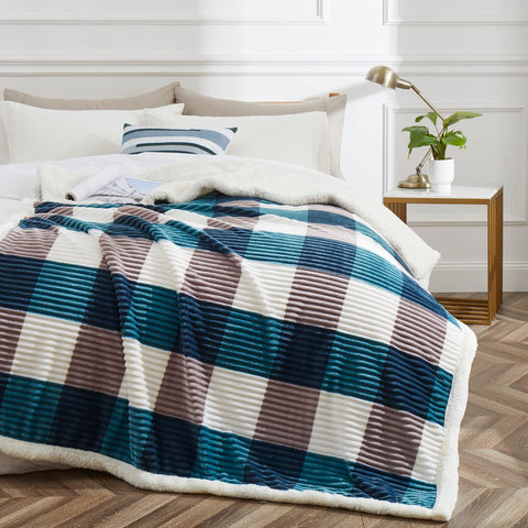 PU MEI close-up of teal check fabric detail, highlights soft texture