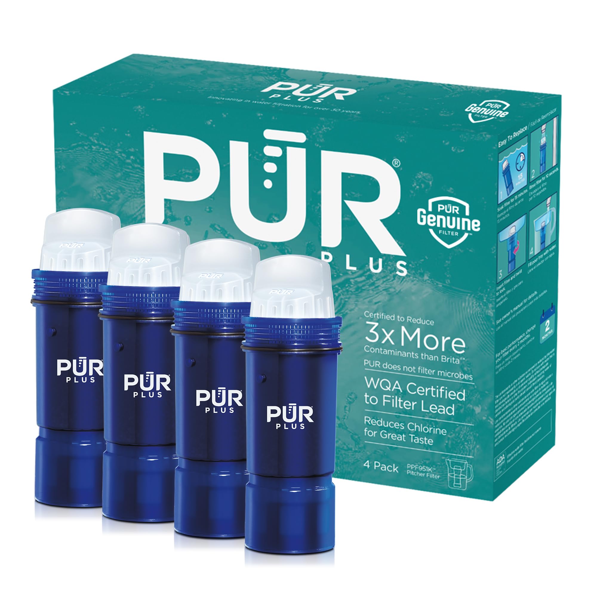 PUR front packaging showing 4-pack filters with clear product benefit