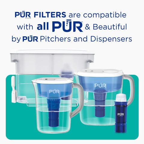 PUR filter next to hand for scale showing compact, space-saving design