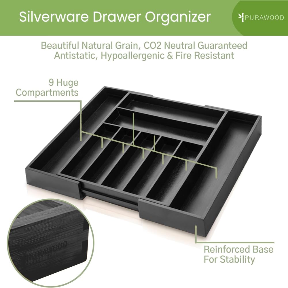Purawood fully expanded 9-compartment organizer fitting a wide drawer