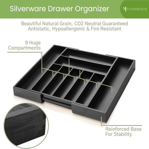 Purawood fully expanded 9-compartment organizer fitting a wide drawer