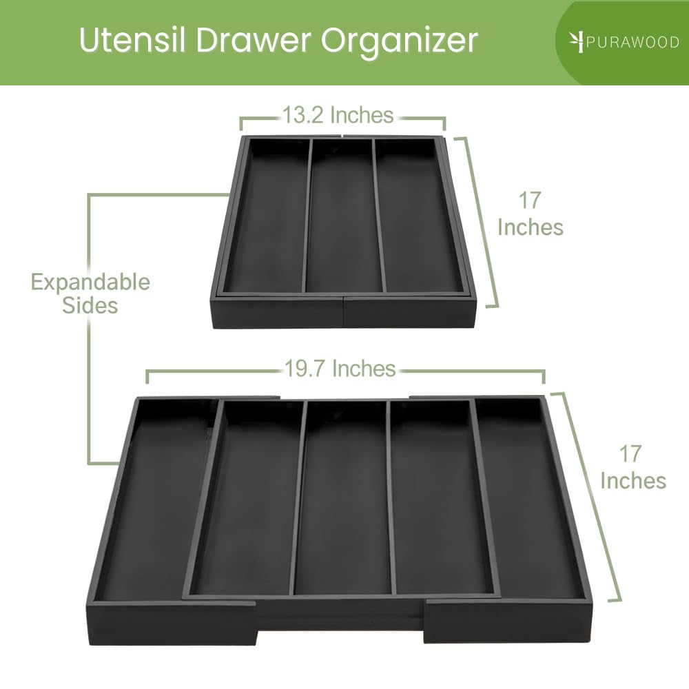 Purawood expanded width demo illustrating adjustable 3-to-5 slot flexibility for drawer fit