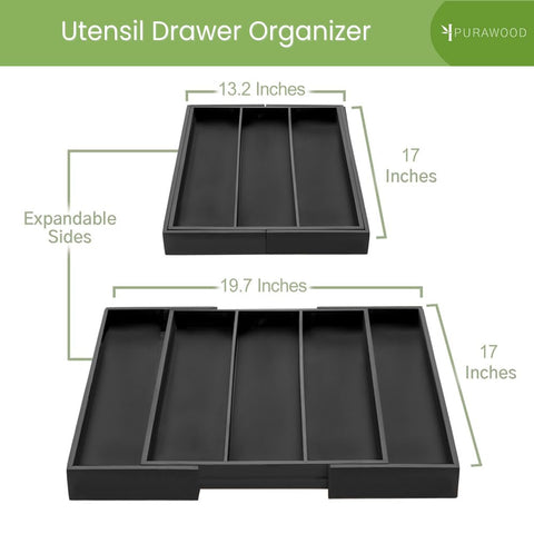 Purawood expanded width demo illustrating adjustable 3-to-5 slot flexibility for drawer fit