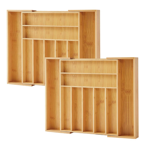 Purawood front view of two natural bamboo organizers, tidy storage benefit
