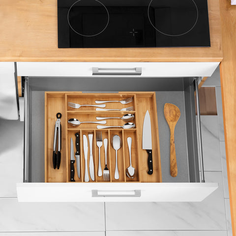 Purawood lifestyle image with utensils, neat drawer and morning efficiency