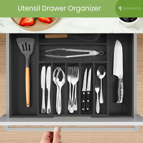 Purawood organizer on kitchen counter with utensils showing neat storage