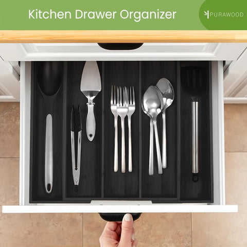 Purawood in kitchen drawer lifestyle image showing tidy utensils and fast access benefit