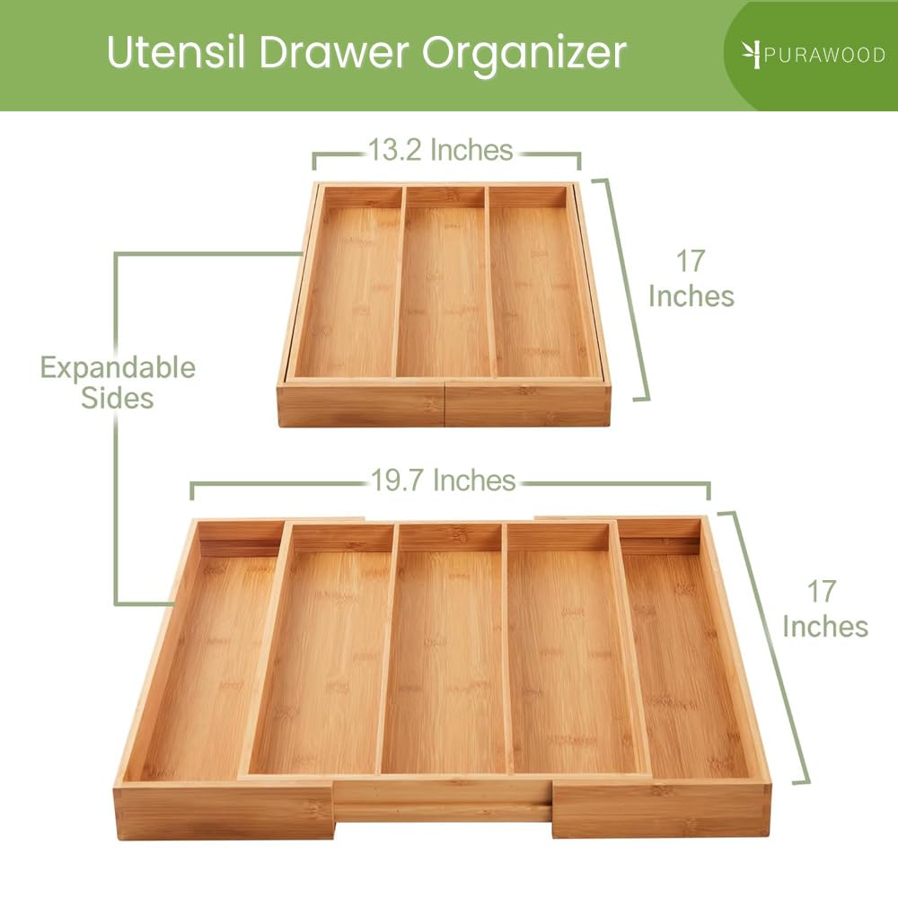 Purawood organizer fully expanded demonstrating adjustable width for more storage benefit